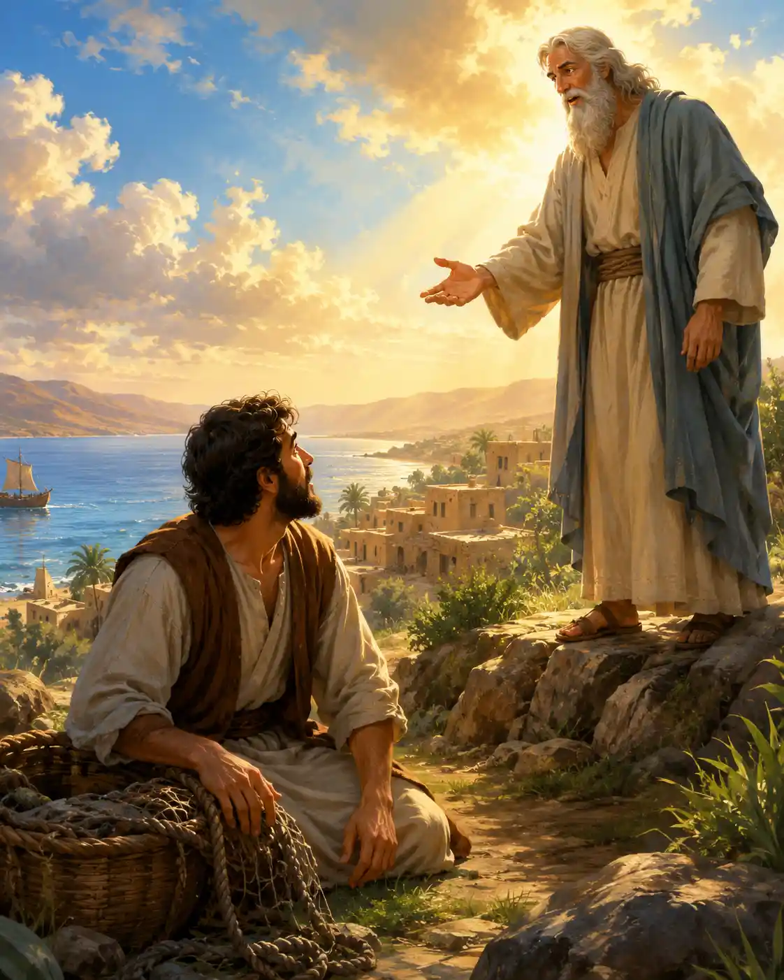Jonah standing near a harbor as God calls him
