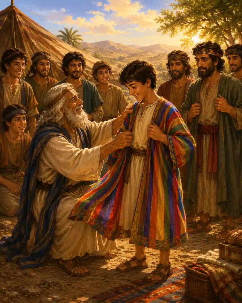 Jacob giving Joseph his colorful coat