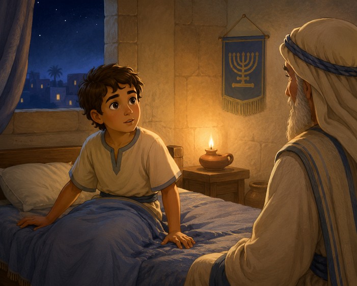 Young Samuel listening for God's voice during the night