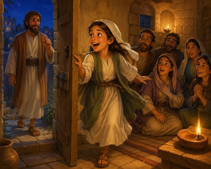 Warm child-friendly illustration for The Little Boy Who Opened the Door, a Bible story about Joy featuring Rhoda