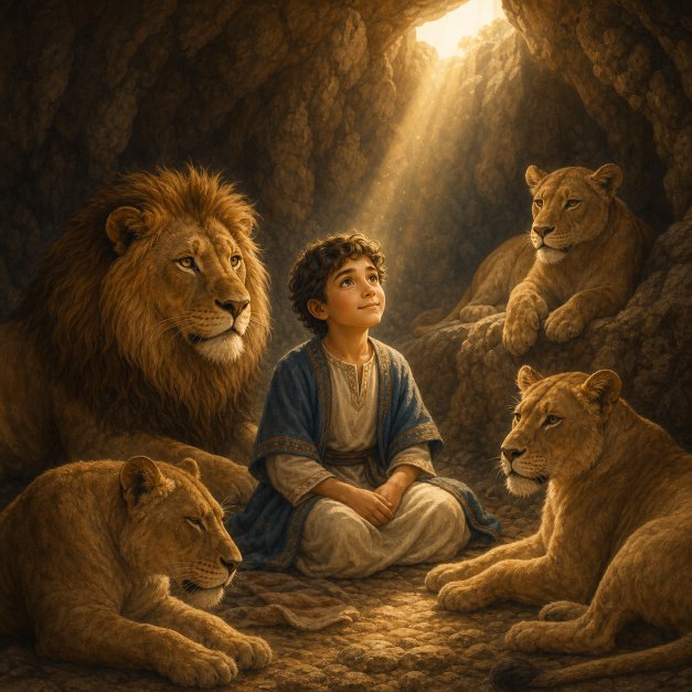 Warm child-friendly illustration for Daniel's Peaceful Night with the Lions
