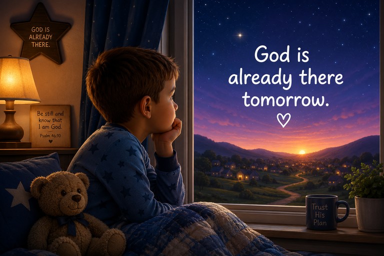 Warm child-friendly illustration for God Is Already There Tomorrow