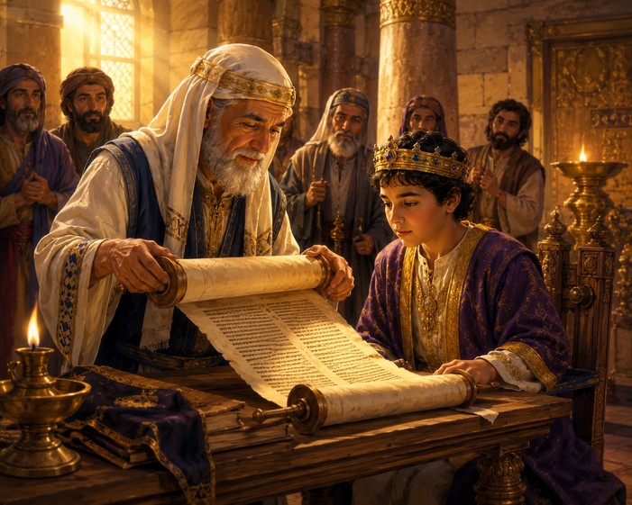 Warm child-friendly illustration for Josiah Finds God's Forgotten Book